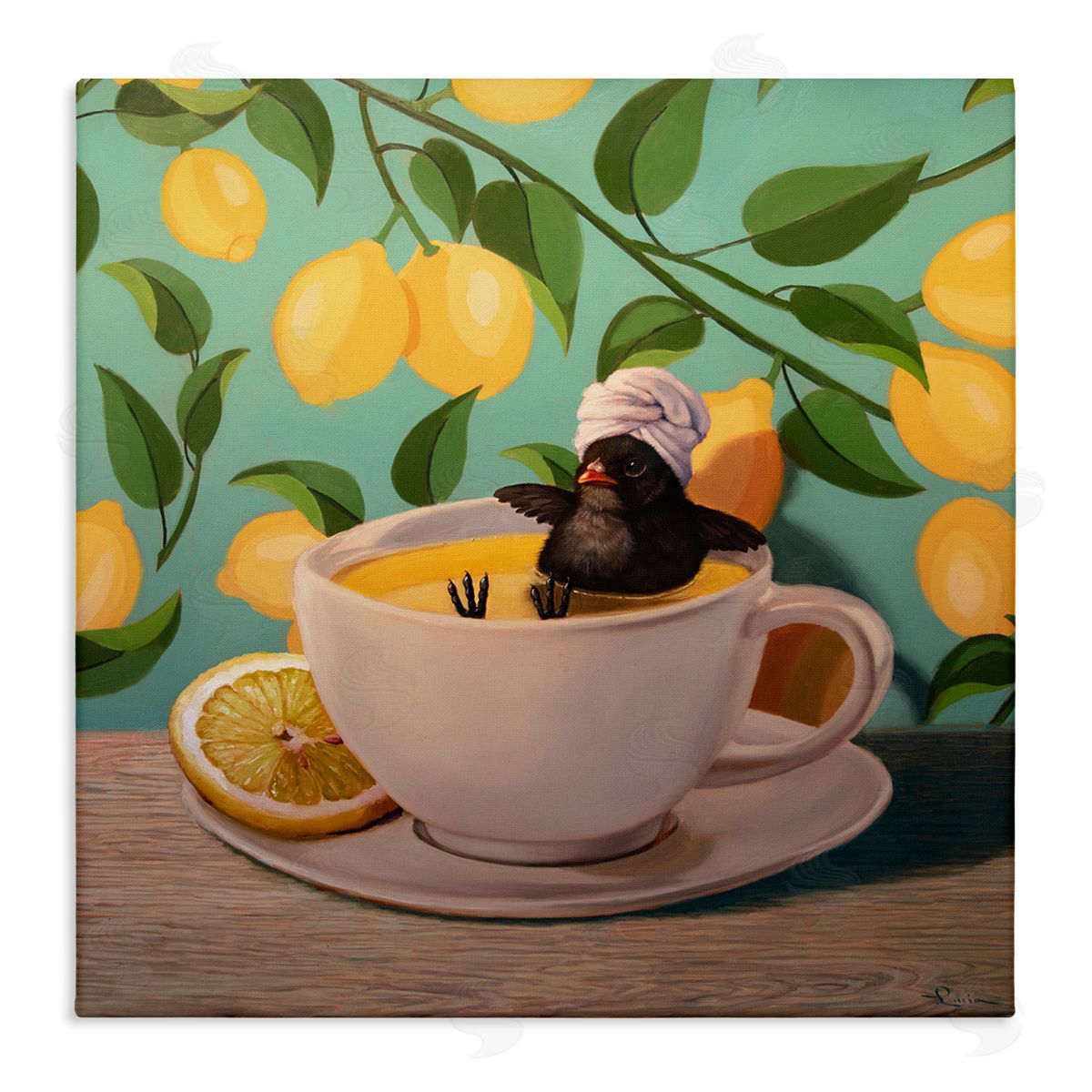 Lucia Heffernan Bird Bathing Lemon Tea Canvas Wall Art