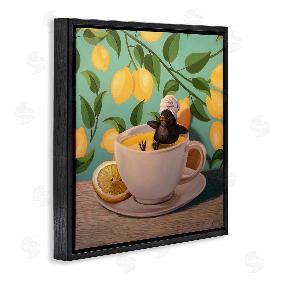 Lucia Heffernan Bird Bathing Lemon Tea Black Floater Frame Canvas Artside_