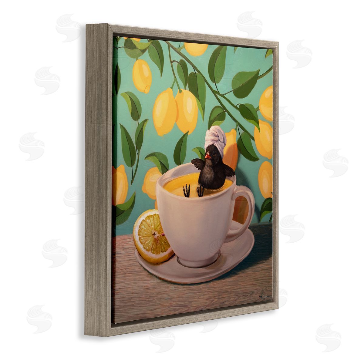 Lucia Heffernan Bird Bathing Lemon Tea Brown Floater Frame Canvas Artside_