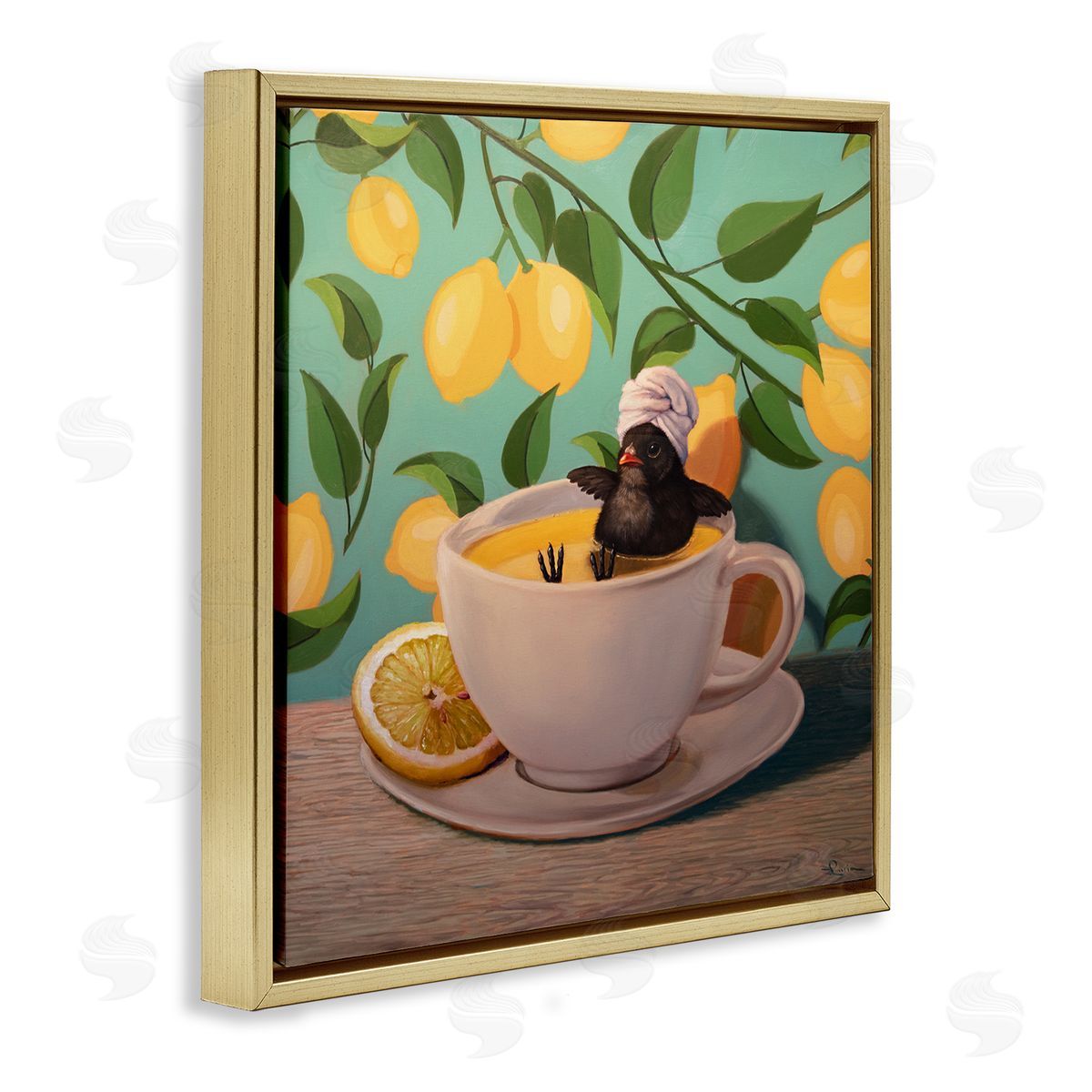 Lucia Heffernan Bird Bathing Lemon Tea Gold Floater Frame Canvas Artside_