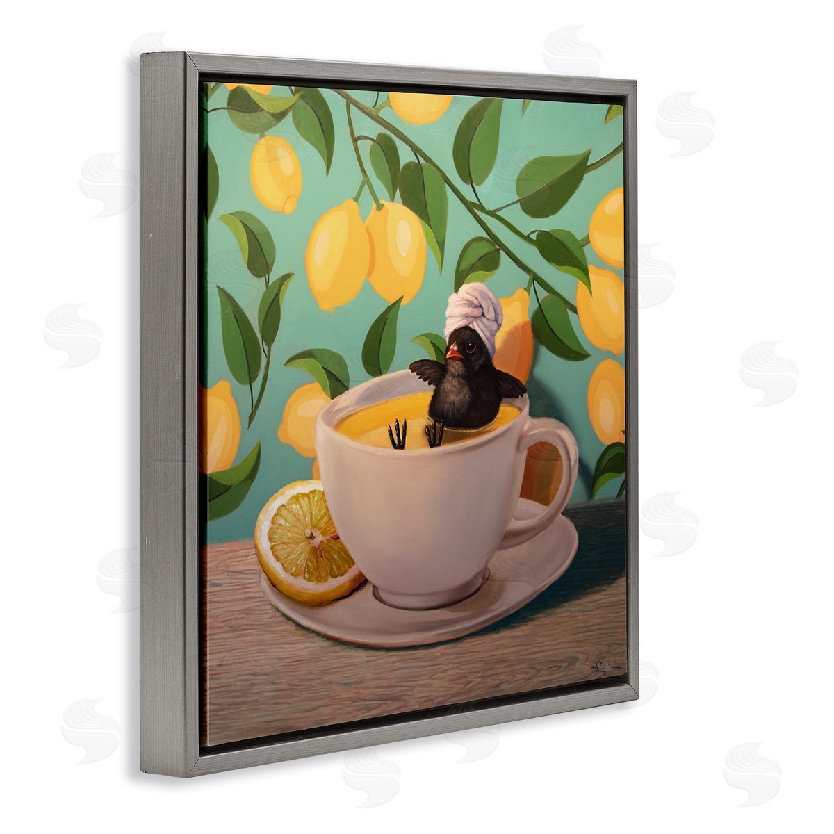 Lucia Heffernan Bird Bathing Lemon Tea Gray Floater Frame Canvas Artside_