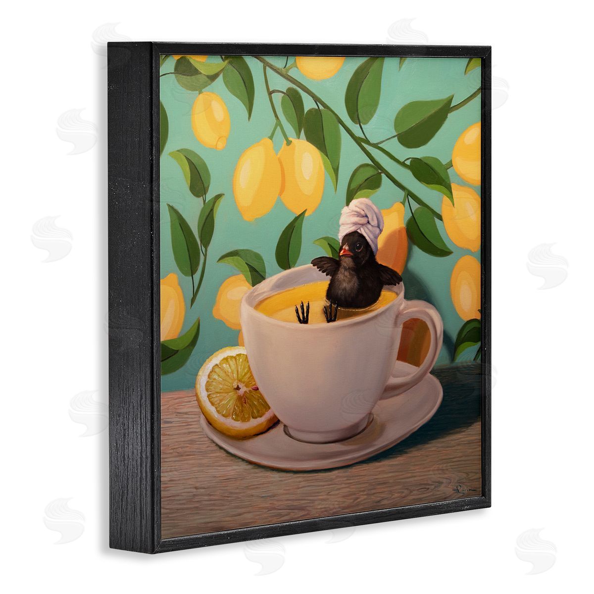 Lucia Heffernan Bird Bathing Lemon Tea Black Framed Giclee Wall Artside_