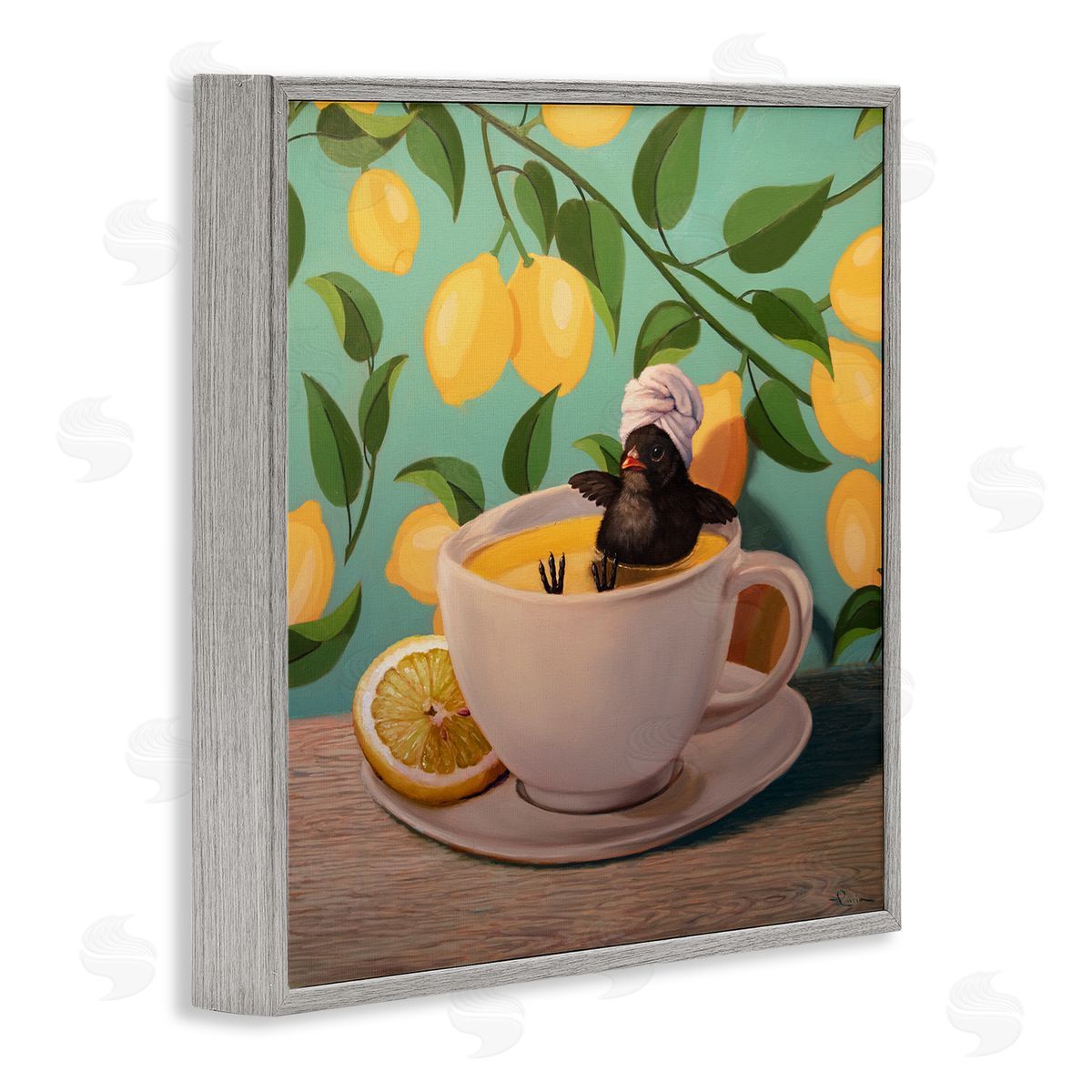 Lucia Heffernan Bird Bathing Lemon Tea Gray Framed Giclee Wall Artside_