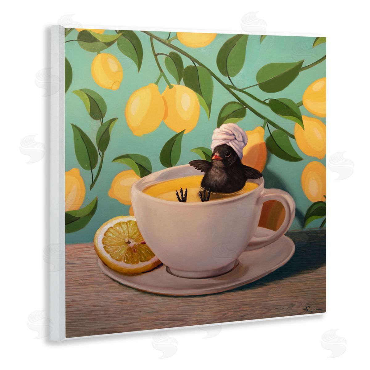 Lucia Heffernan Bird Bathing Lemon Tea Wall Plaque Artside_