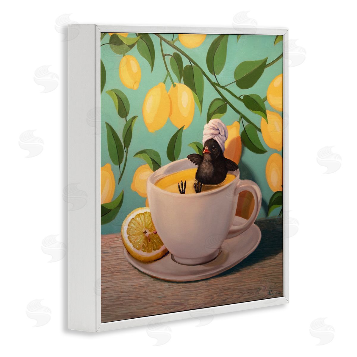 Lucia Heffernan Bird Bathing Lemon Tea White Framed Giclee Wall Artside_