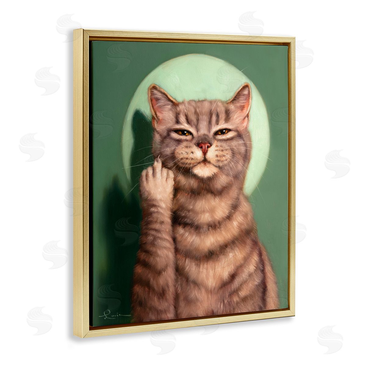 Cat & Middle Finger Gold Floating Frame Canvas Wall Art, Home Decor by Lucia Heffernan