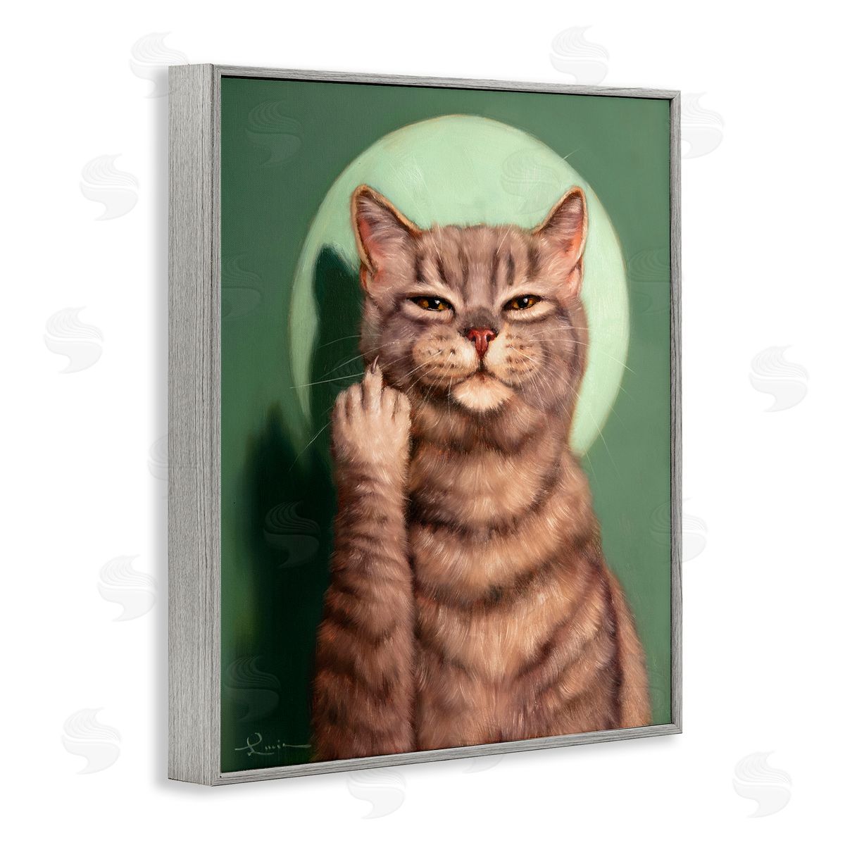 Lucia Heffernan Cat & Middle Finger Gray Framed Giclee Wall Artside_