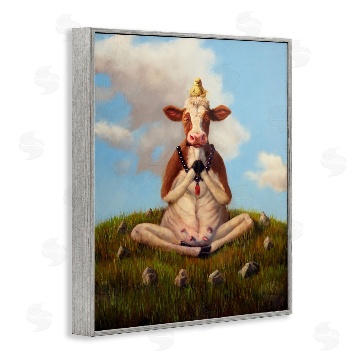 Lucia Heffernan Cow & Chick Meditating Gray Framed Giclee Wall Artside_