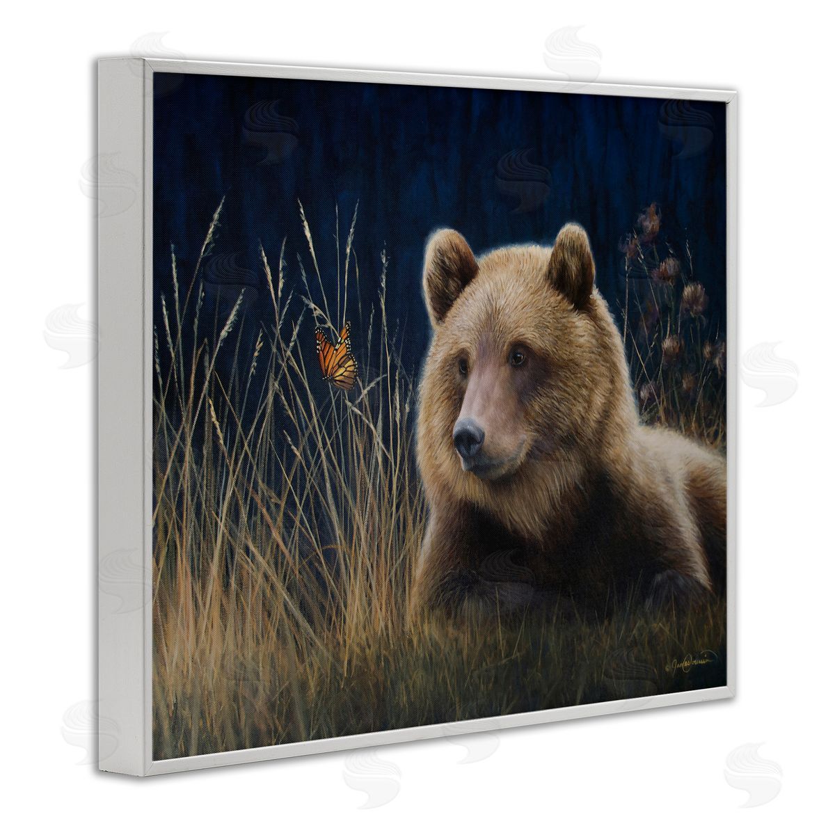 James Corwin Bear & Butterfly Scene White Framed Giclee Wall Artside_