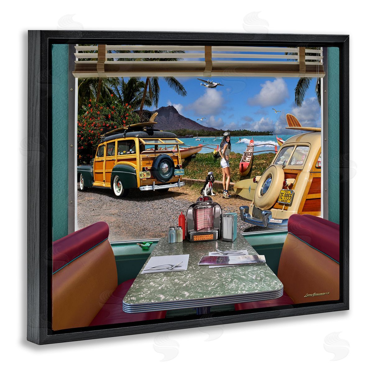 Larry Grossman Vintage Diner Beach View Black Floater Frame Canvas Artside_