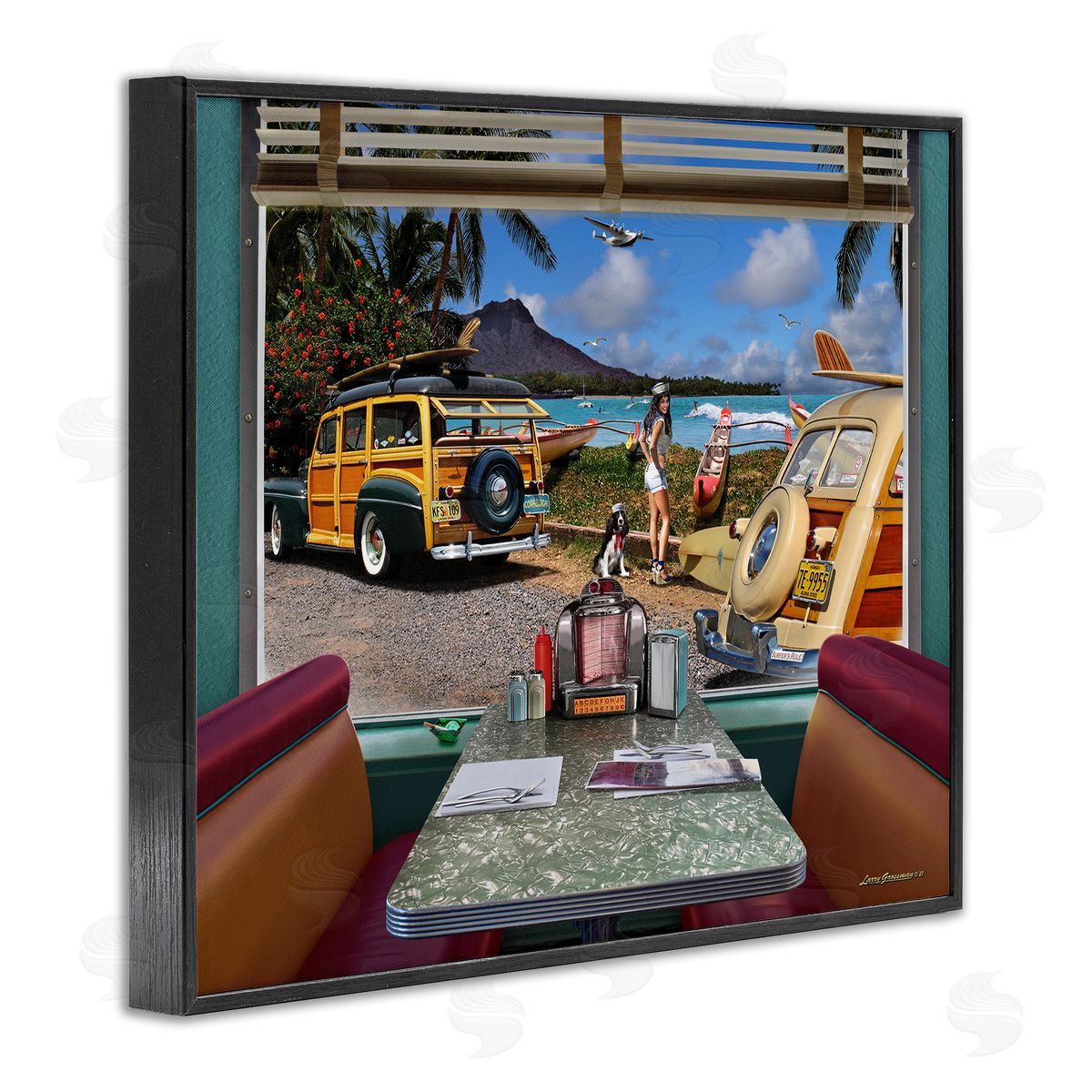 Larry Grossman Vintage Diner Beach View Black Framed Giclee Wall Artside_