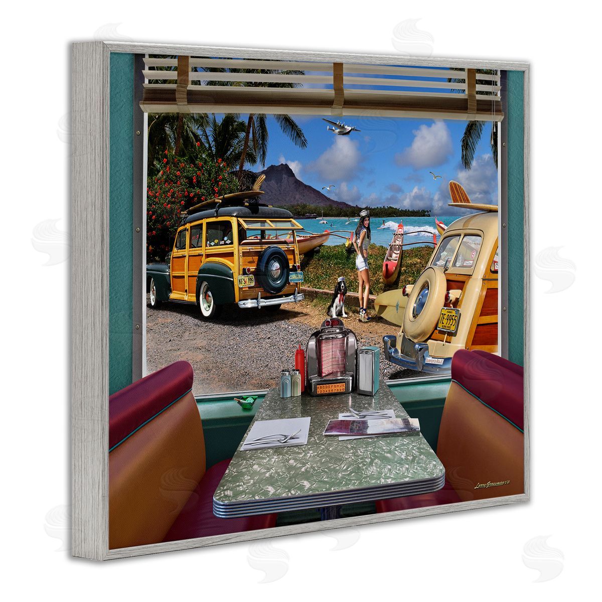 Larry Grossman Vintage Diner Beach View Gray Framed Giclee Wall Artside_