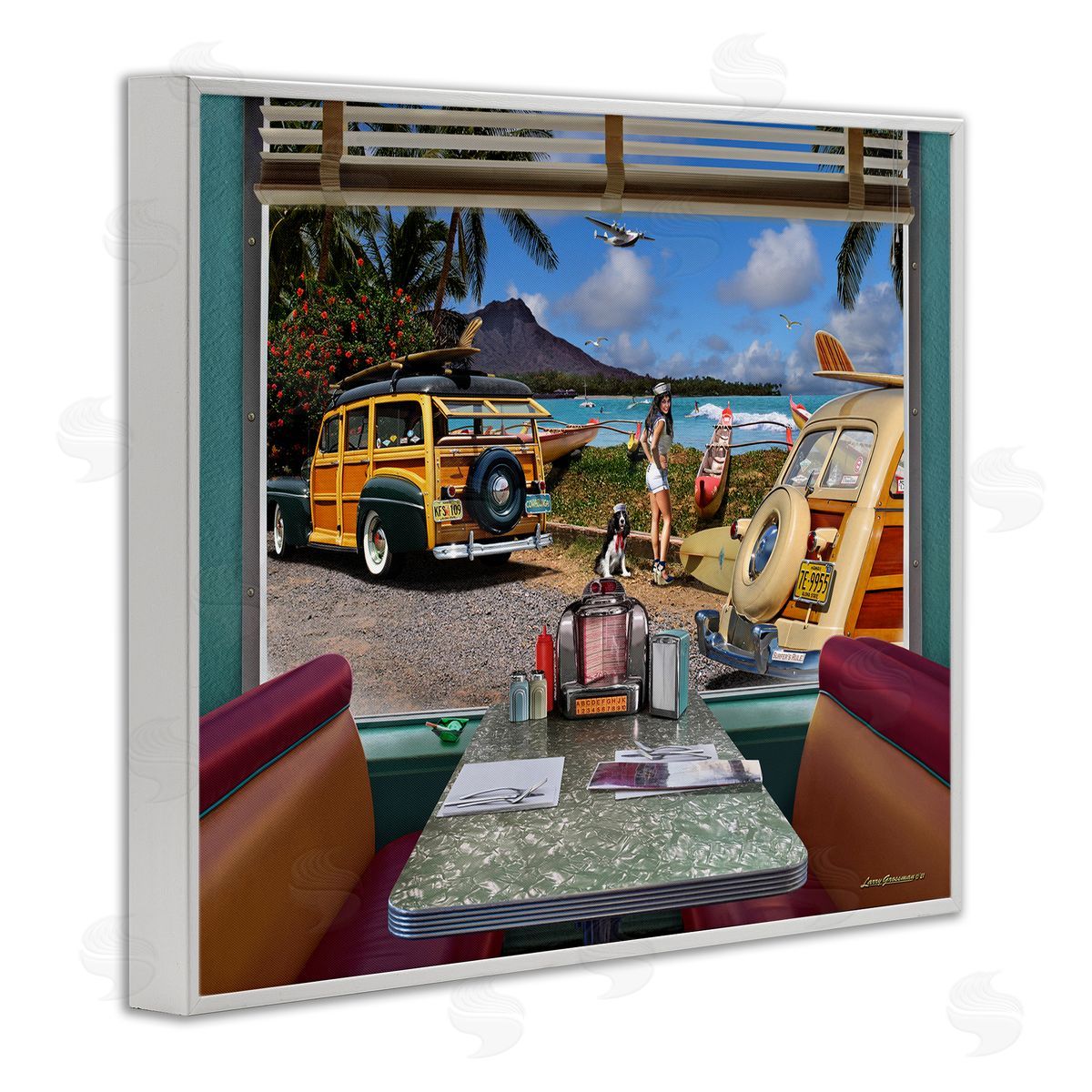 Larry Grossman Vintage Diner Beach View White Framed Giclee Wall Artside_