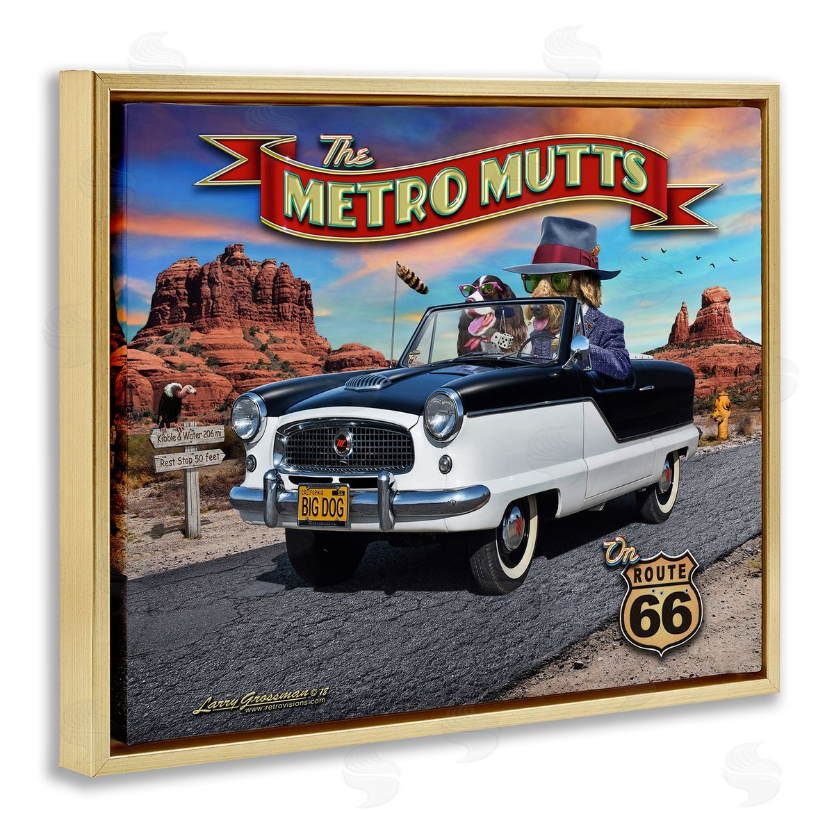Larry Grossman Metro Mutts Vintage Car Gold Floater Frame Canvas Artside_