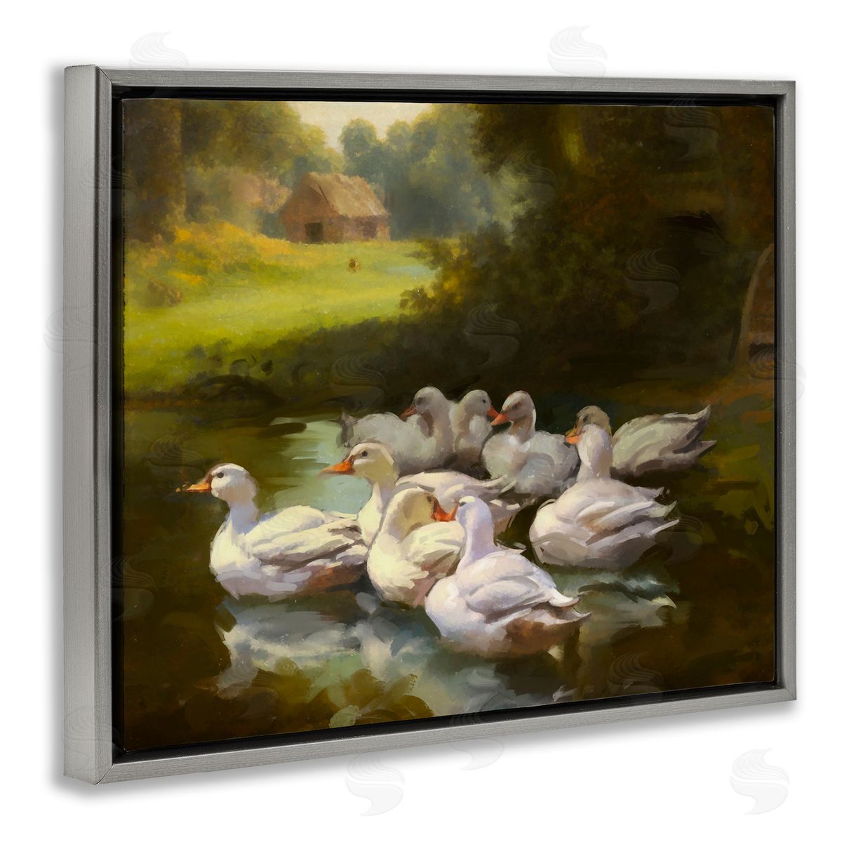 Ziwei Li Country Ducks in Pond Gray Floater Frame Canvas Artside_