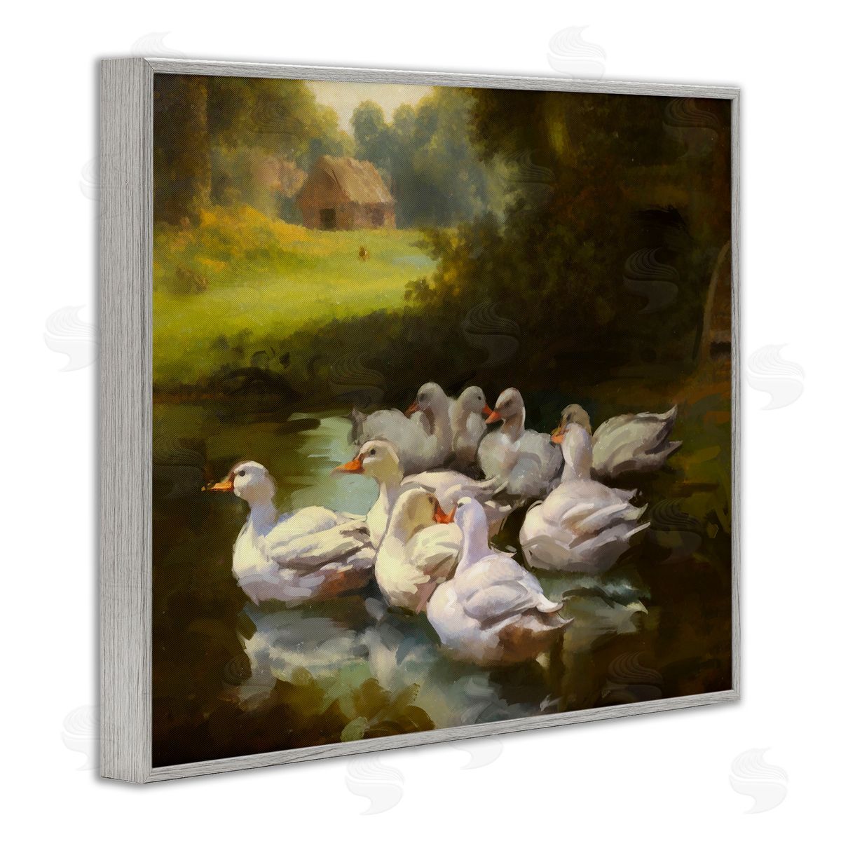 Ziwei Li Country Ducks in Pond Gray Framed Giclee Wall Artside_