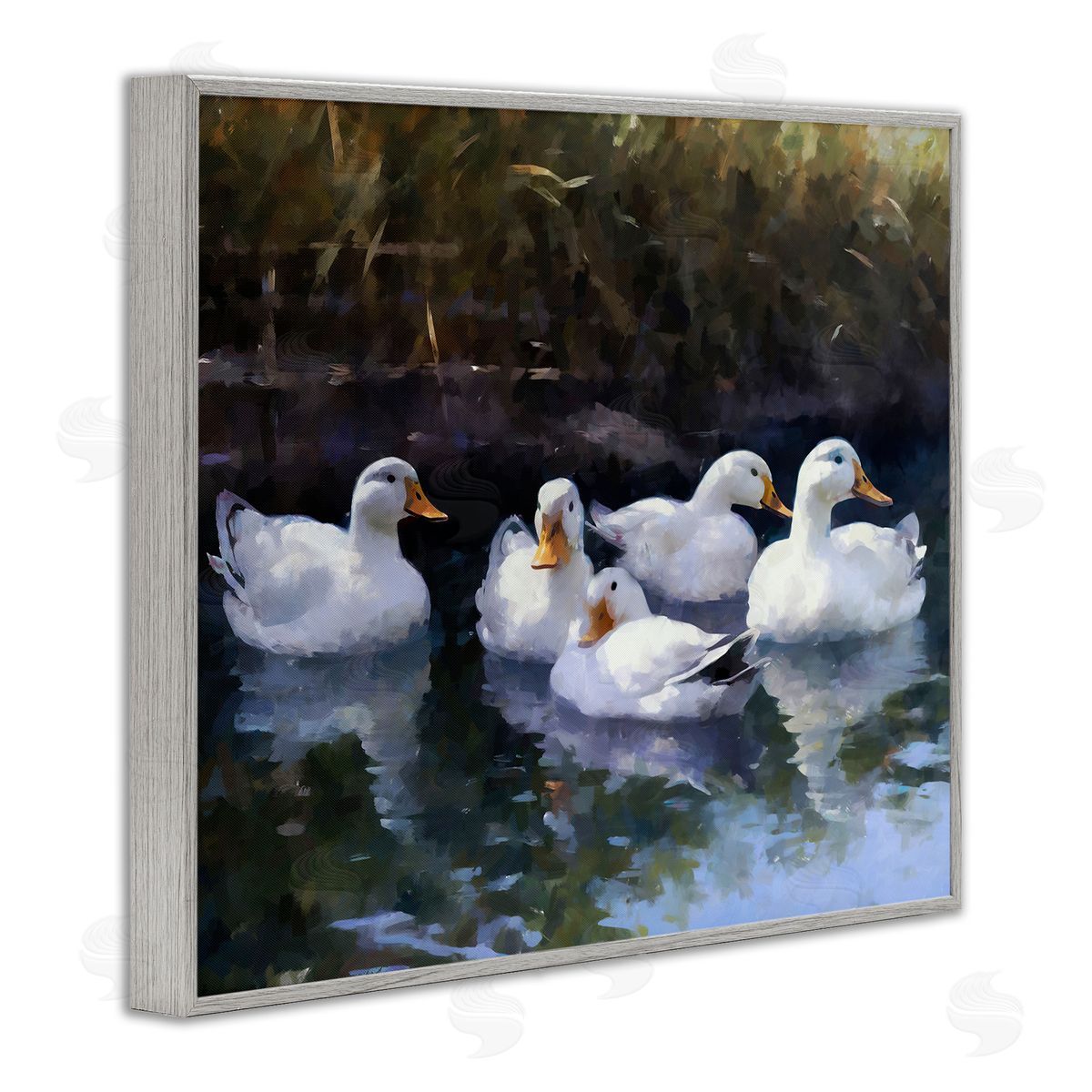 Ziwei Li Five Ducks in Pond Gray Framed Giclee Wall Artside_