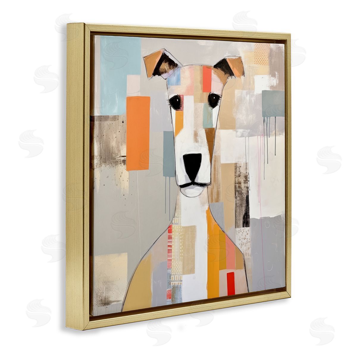 Dog Face Abstract Collage Gold Floating Frame Canvas Wall Art, Home Decor by Irena Orlov