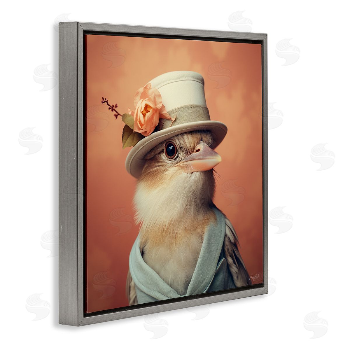 Roozbeh Bird in Vintage Hat Gray Floater Frame Canvas Artside_