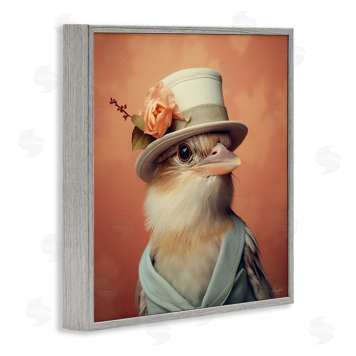 Roozbeh Bird in Vintage Hat Gray Framed Giclee Wall Artside_