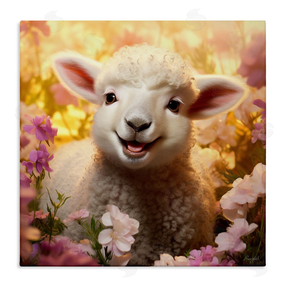 Lamb in Flower Meadow Canvas Wall Art, Home Decor by Roozbeh
