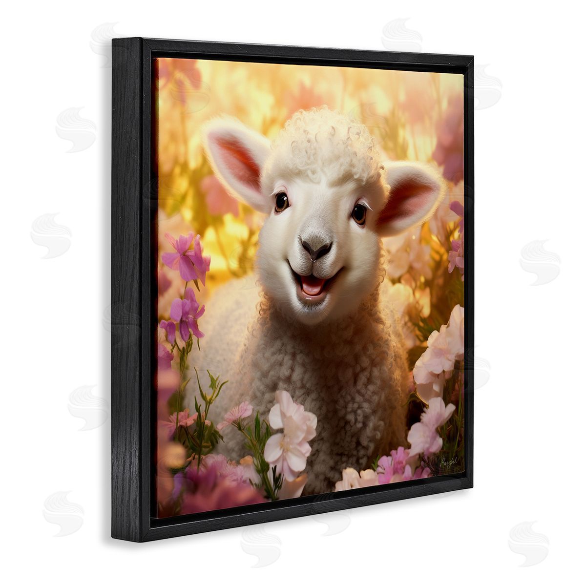 Roozbeh Lamb in Flower Meadow Black Floater Frame Canvas Artside_