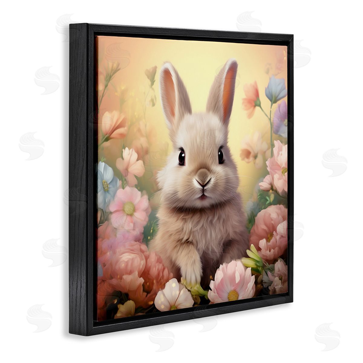 Bunny in Meadow Black Floating Frame Canvas Wall Art, Home Decor by Roozbeh