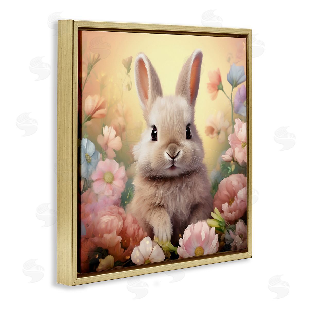 Bunny in Meadow Gold Floating Frame Canvas Wall Art, Home Decor by Roozbeh