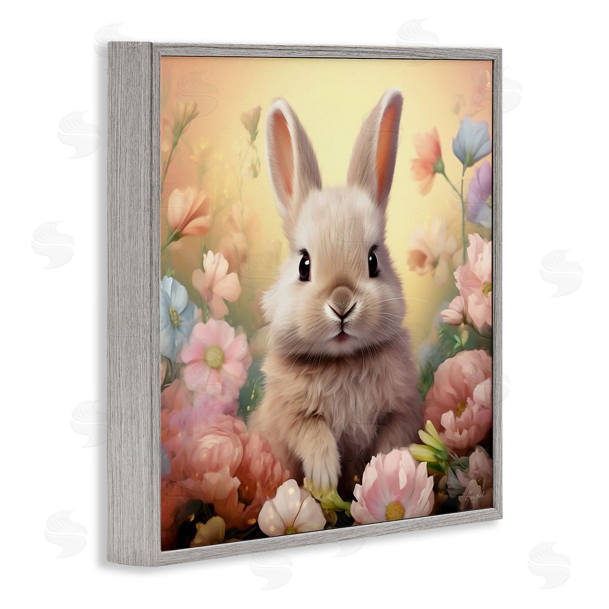 Bunny in Meadow Grey Frame Print Wall Art, Home Decor by Roozbeh