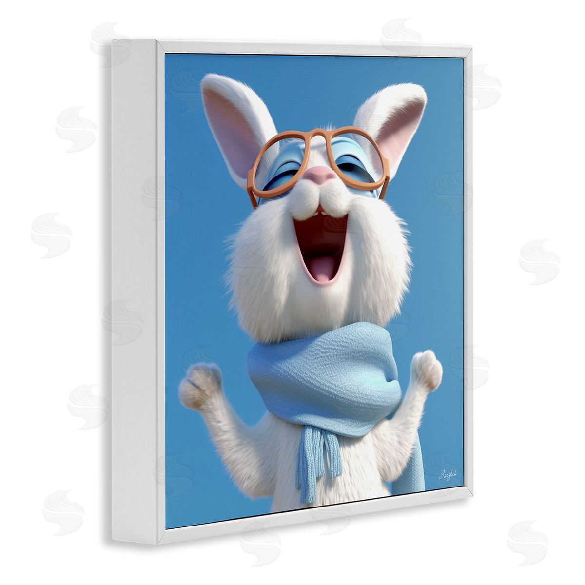 Roozbeh Happy Rabbit in Blue White Framed Giclee Wall Artside_