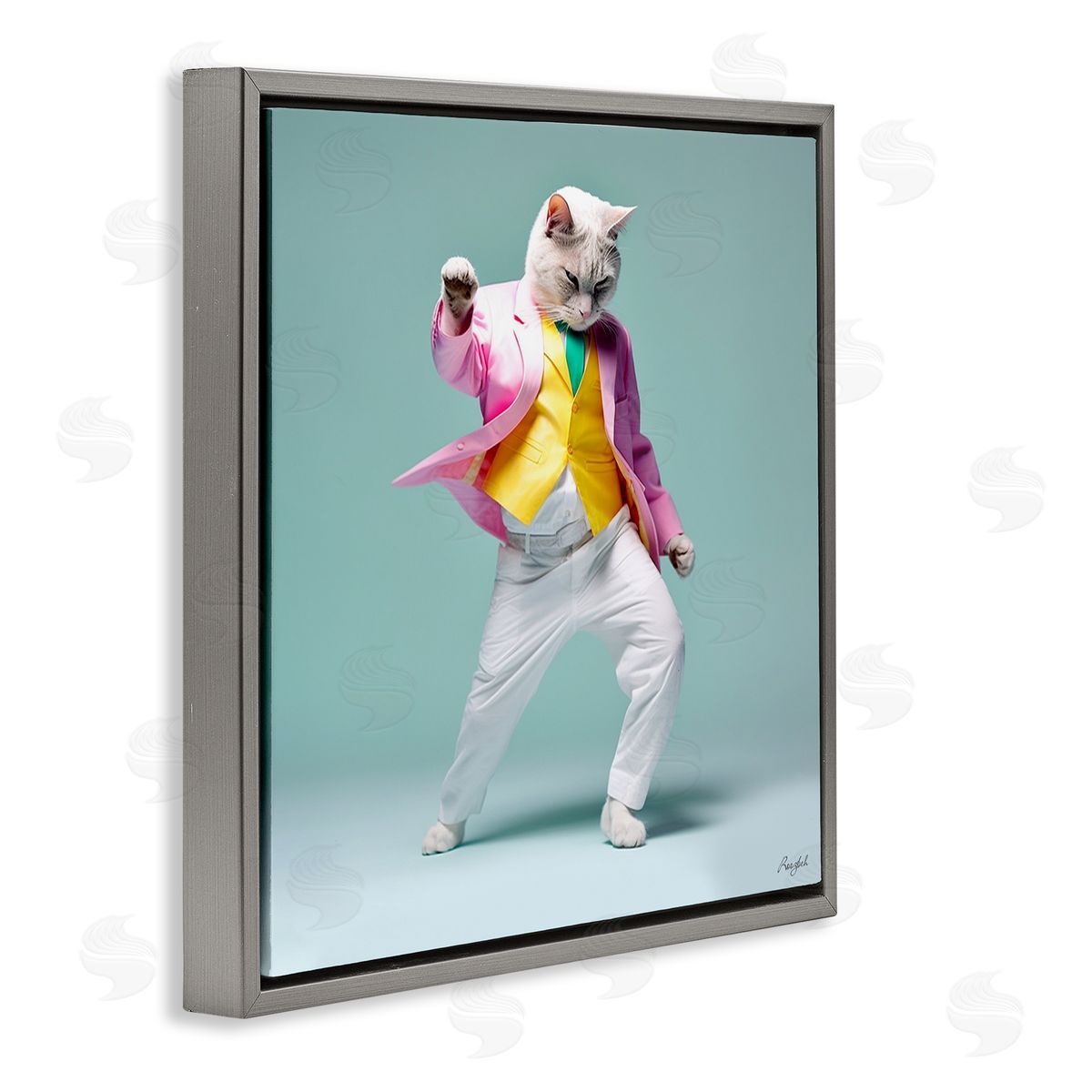 Roozbeh Dancing Cat Portrait Gray Floater Frame Canvas Artside_