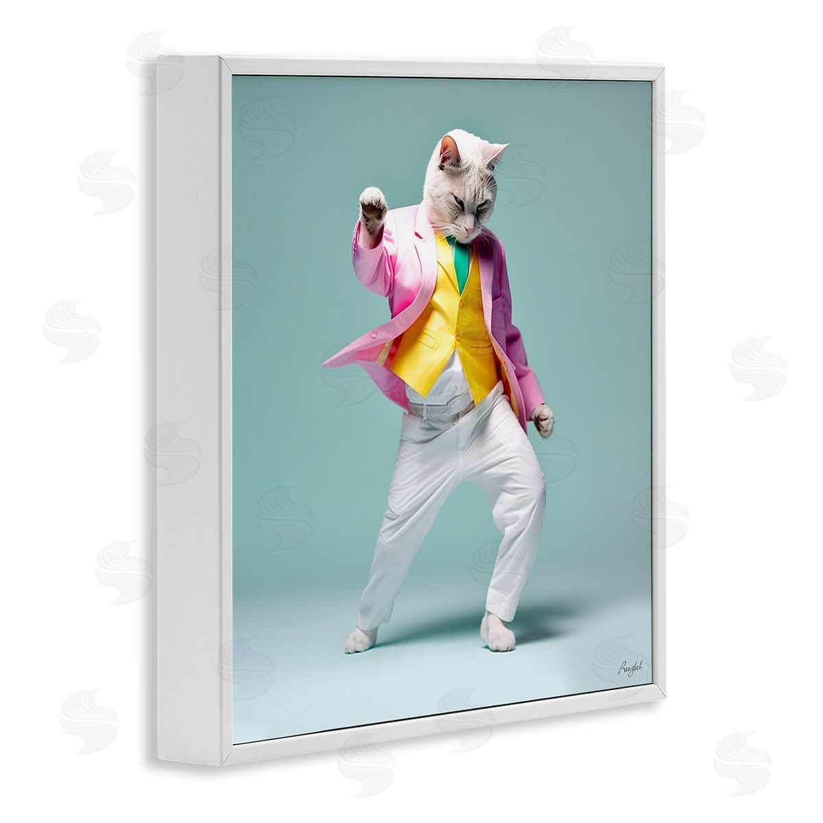 Roozbeh Dancing Cat Portrait White Framed Giclee Wall Artside_