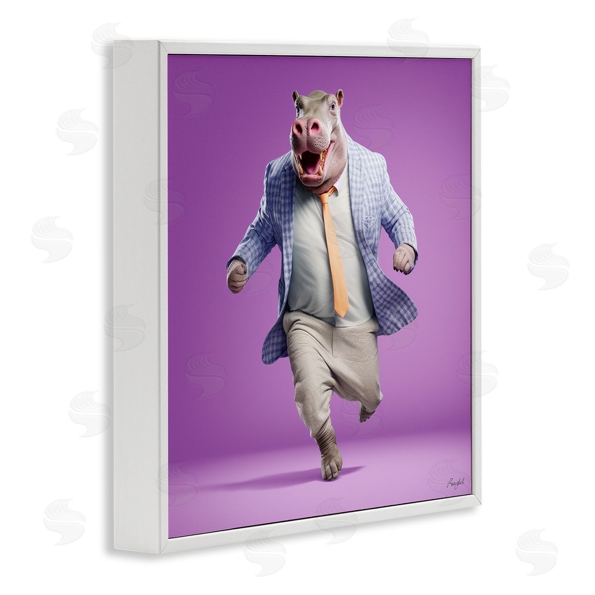 Roozbeh Dancing Hippo on Purple White Framed Giclee Wall Artside_