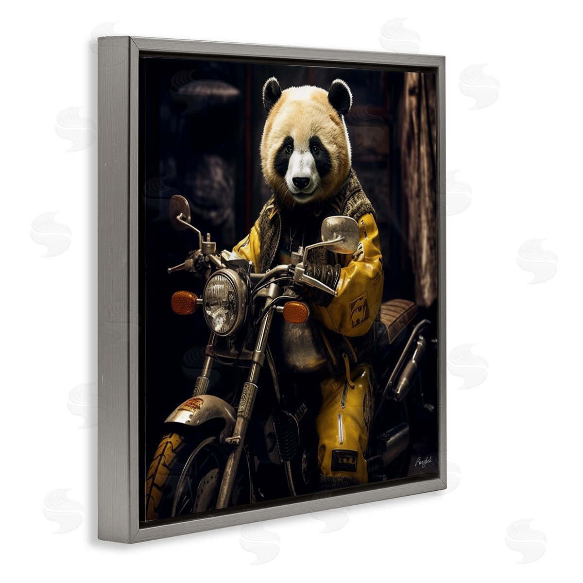 Roozbeh Panda on Motorcycle Gray Floater Frame Canvas Artside_