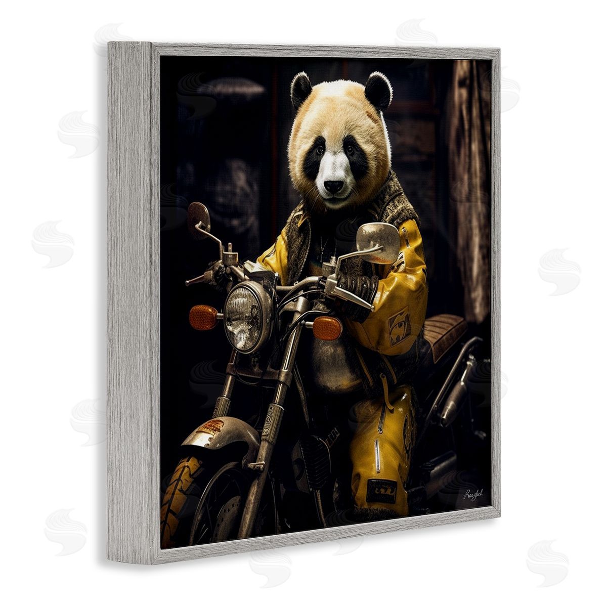 Roozbeh Panda on Motorcycle Gray Framed Giclee Wall Artside_
