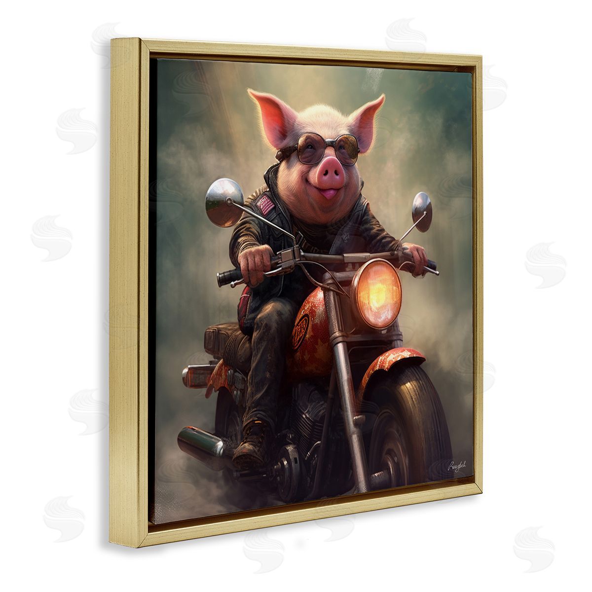 Roozbeh Biker Pig on Motorcycle Gold Floater Frame Canvas Artside_