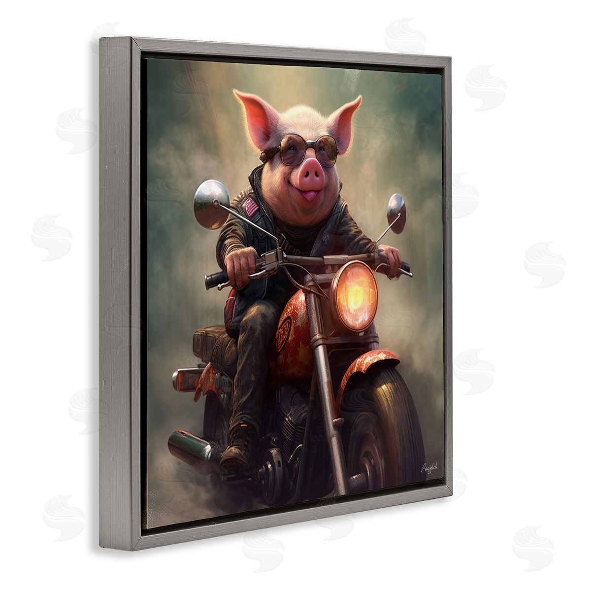 Roozbeh Biker Pig on Motorcycle Gray Floater Frame Canvas Artside_