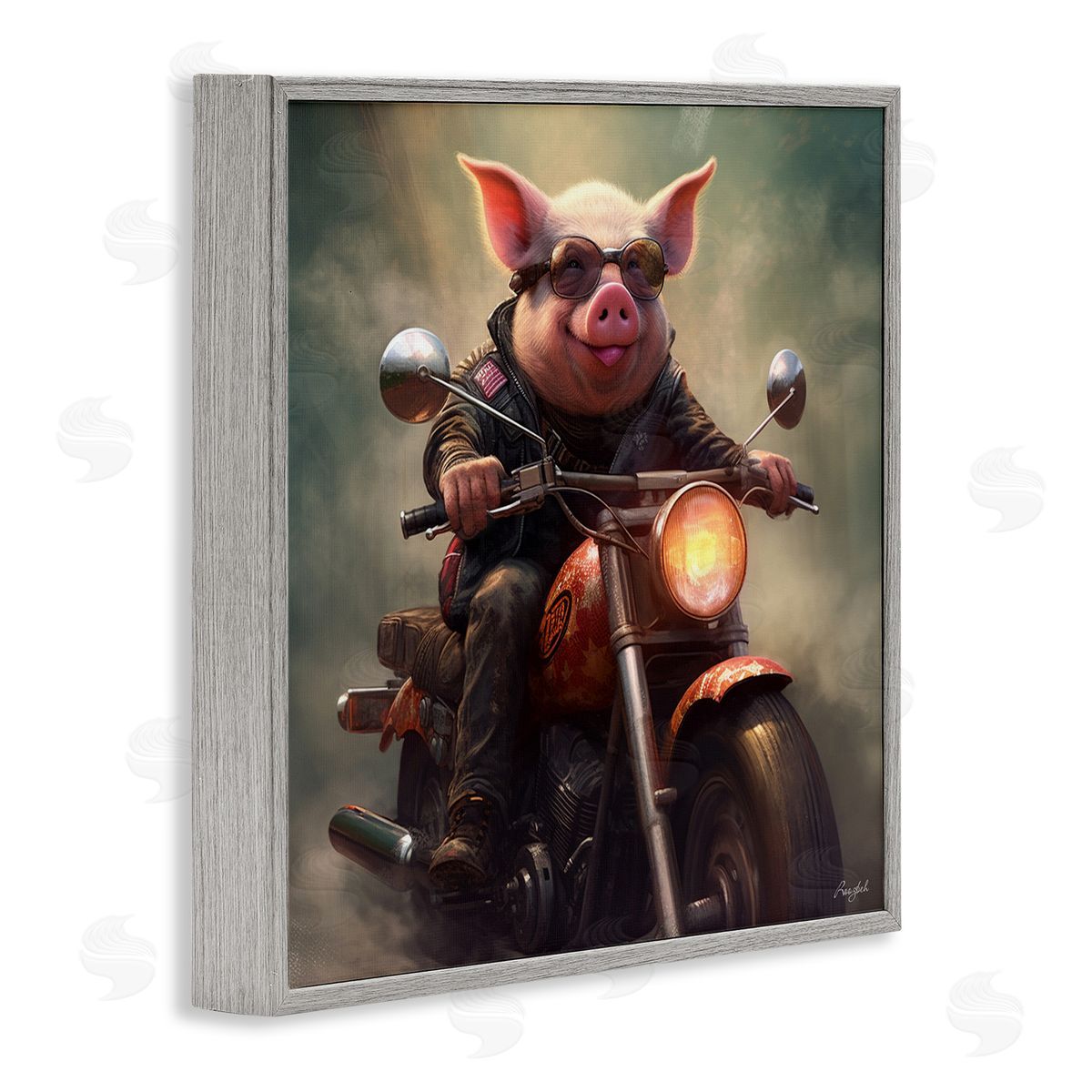 Roozbeh Biker Pig on Motorcycle Gray Framed Giclee Wall Artside_