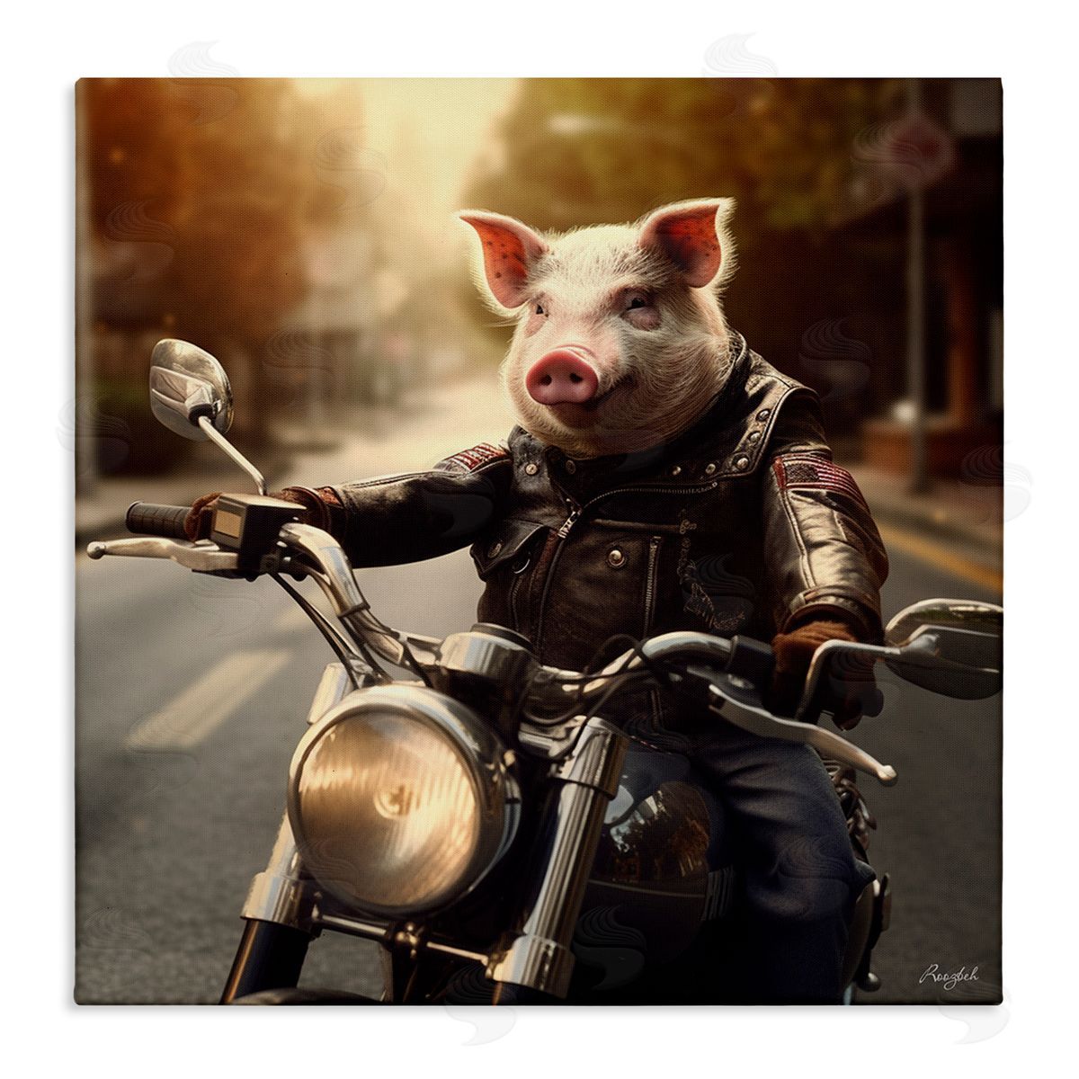 Roozbeh Pig Riding Motorcycle Canvas Wall Art