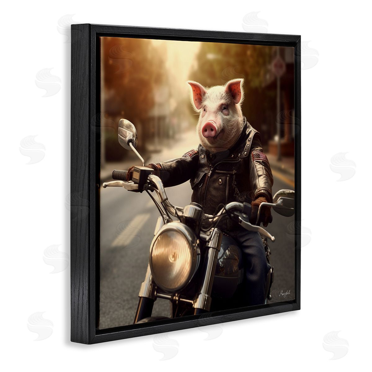 Roozbeh Pig Riding Motorcycle Black Floater Frame Canvas Artside_