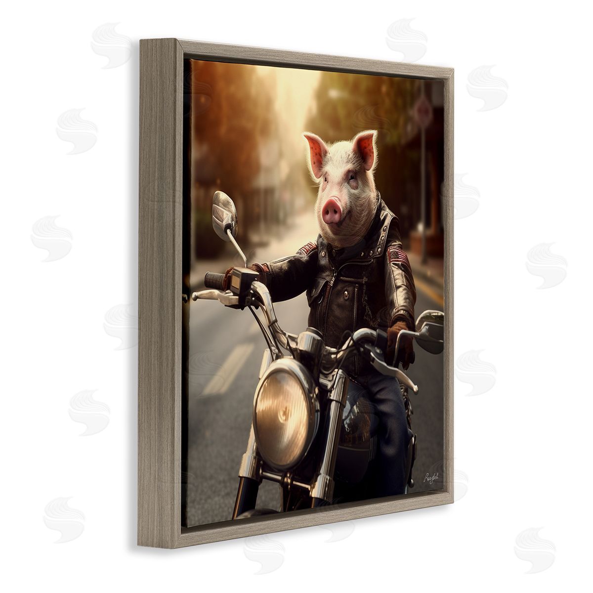 Roozbeh Pig Riding Motorcycle Brown Floater Frame Canvas Artside_