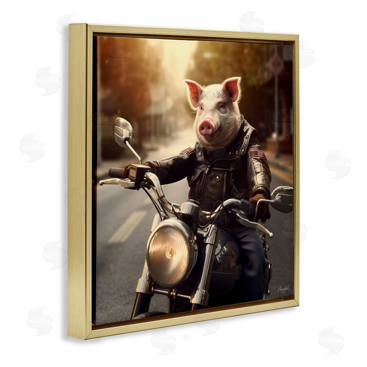 Roozbeh Pig Riding Motorcycle Gold Floater Frame Canvas Artside_