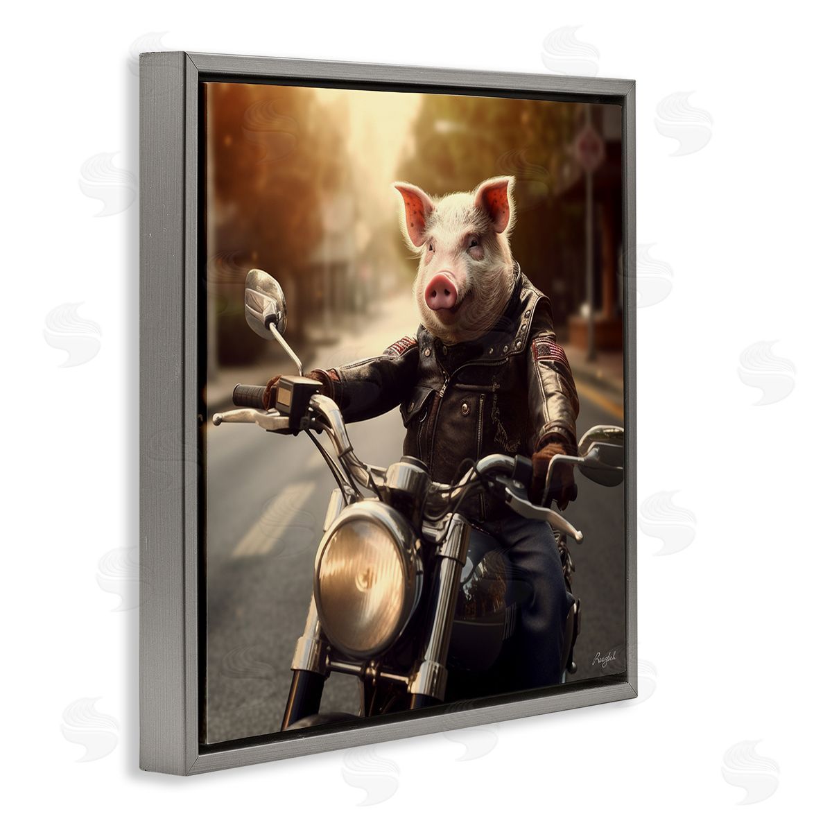 Roozbeh Pig Riding Motorcycle Gray Floater Frame Canvas Artside_