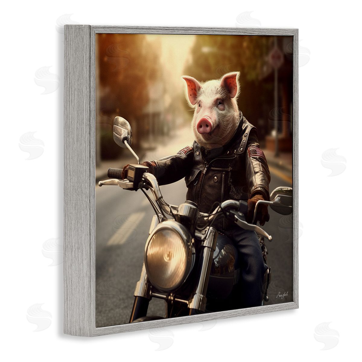 Roozbeh Pig Riding Motorcycle Gray Framed Giclee Wall Artside_