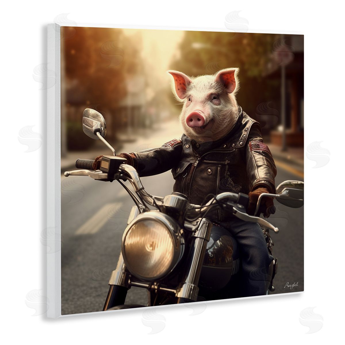Roozbeh Pig Riding Motorcycle Wall Plaque Artside_