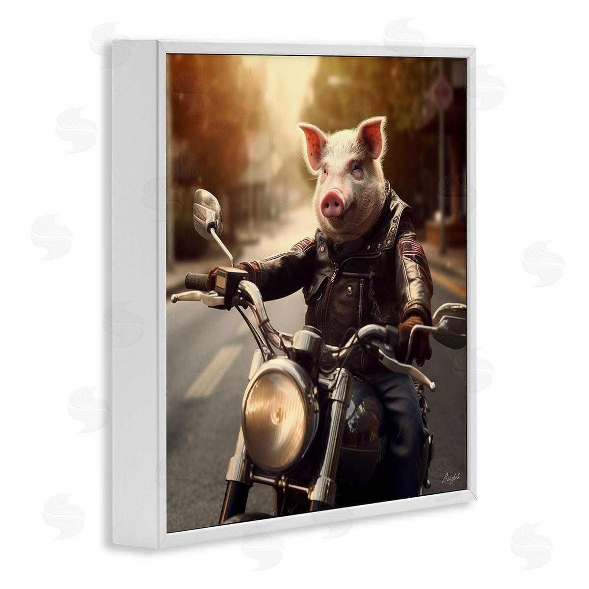 Roozbeh Pig Riding Motorcycle White Framed Giclee Wall Artside_