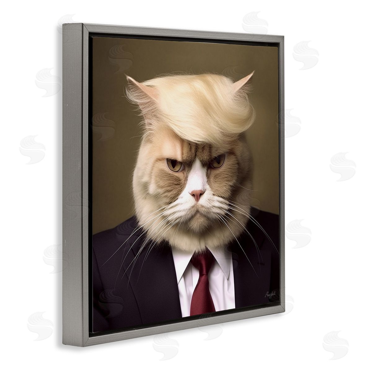 Trump Cat Portrait Grey Floating Frame Canvas Wall Art, Home Decor by Roozbeh