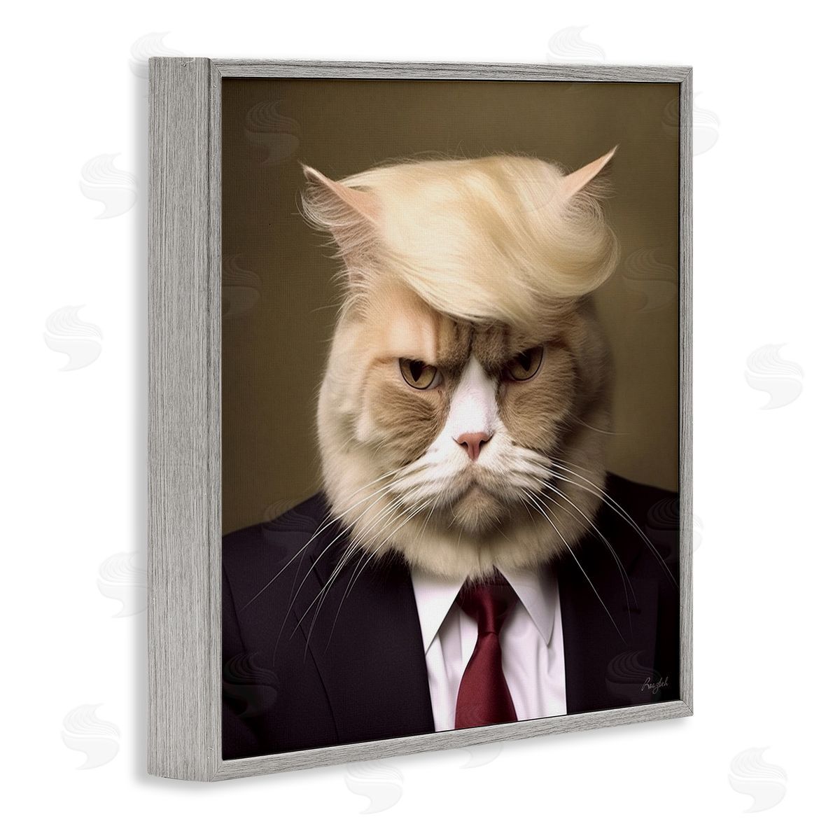 Roozbeh Trump Cat Portrait Gray Framed Giclee Wall Artside_