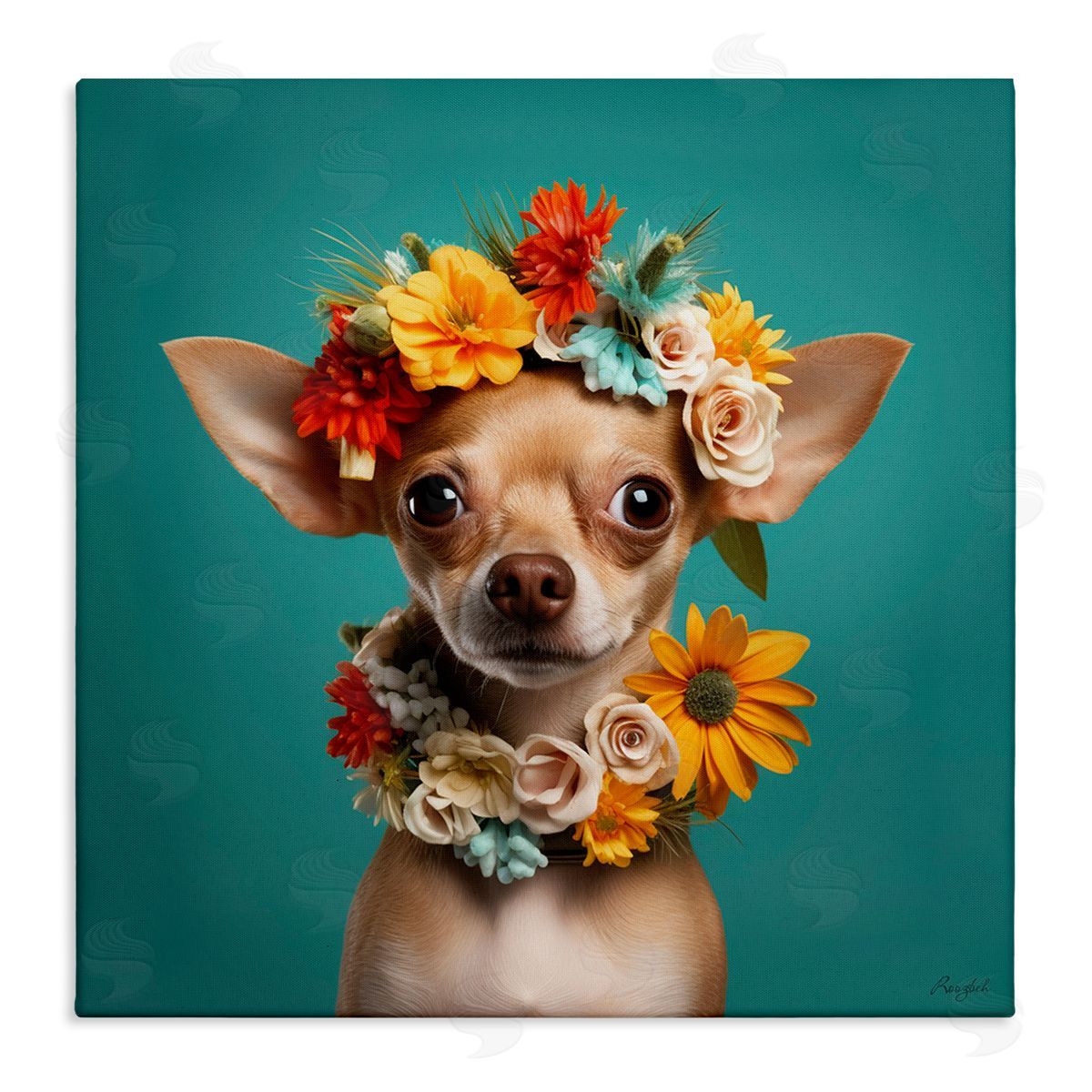Floral Chihuahua Portrait Canvas Wall Art, Home Decor by Roozbeh