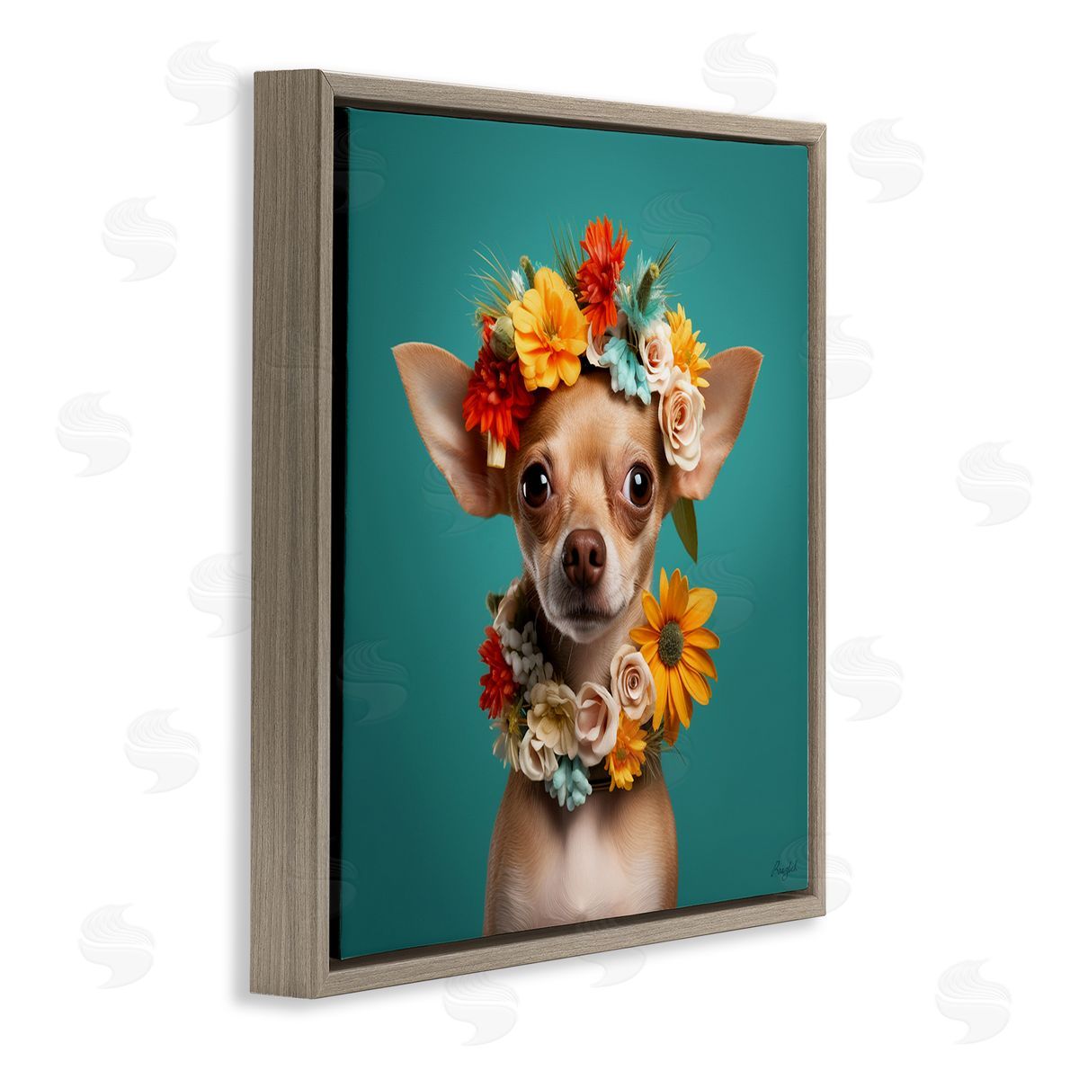 Floral Chihuahua Portrait Brown Floating Frame Canvas Wall Art, Home Decor by Roozbeh